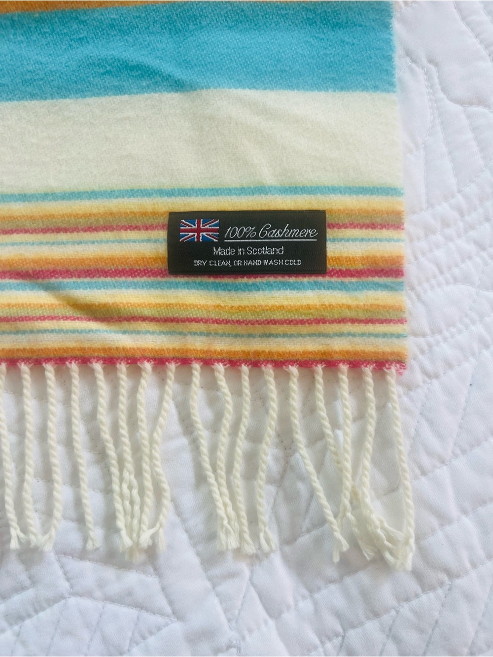 Autumn Cashmere Cream Scarf with Turquoise and Yellow Stripes